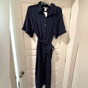 H&M Navy Button-Front Maxi Shirt Dress with Waist Tie